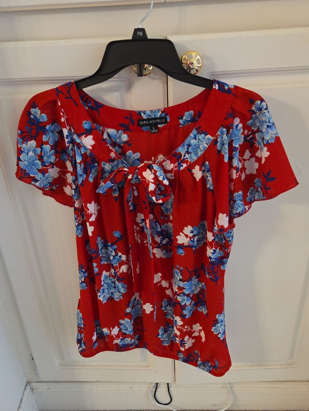 Sara Michelle Red Floral Tie-Front Flutter Sleeve Blouse